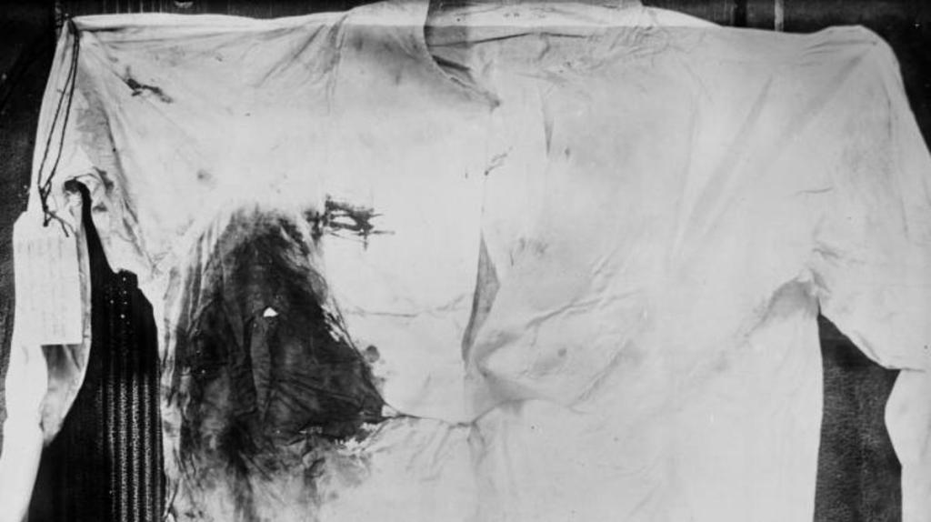 Bloodstained shirt worn by President Theodore Roosevelt, photographed following an assassination attempt in Milwaukee